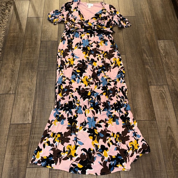 Motherhood Maternity Dresses & Skirts - Motherhood Maternity Pink Floral V-Neck Wrap Maxi Dress Small Short Sleeve